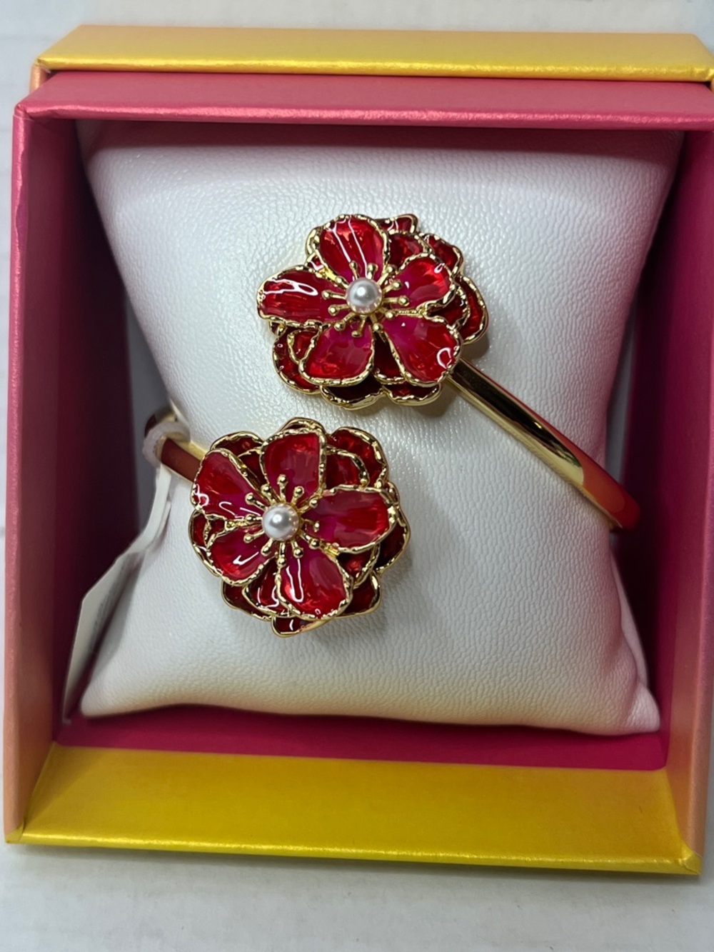 Piper K Vibrant Red Hand Painted Flower Enamel Gold Hinged Bangle